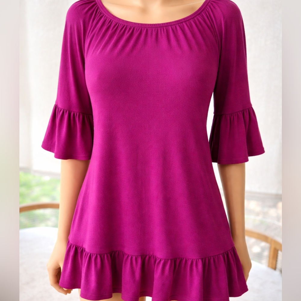 Magenta Boho Tunic Top Ruffle Hem Bell Sleeve Flowy Casual Medium A.N.A - Picture 2 of 7